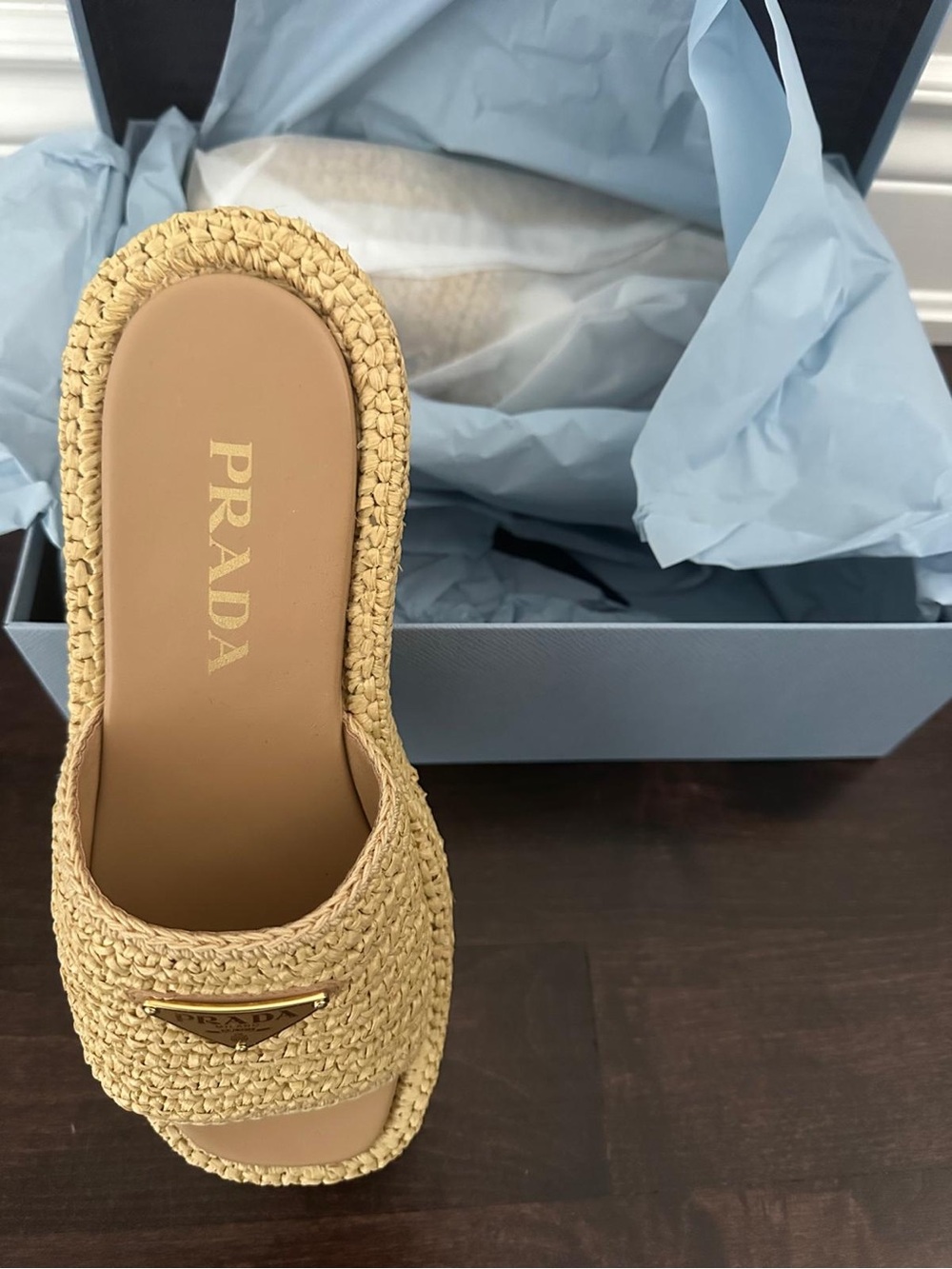 Prada Natural Raffia Slide Mules with Gold Logo